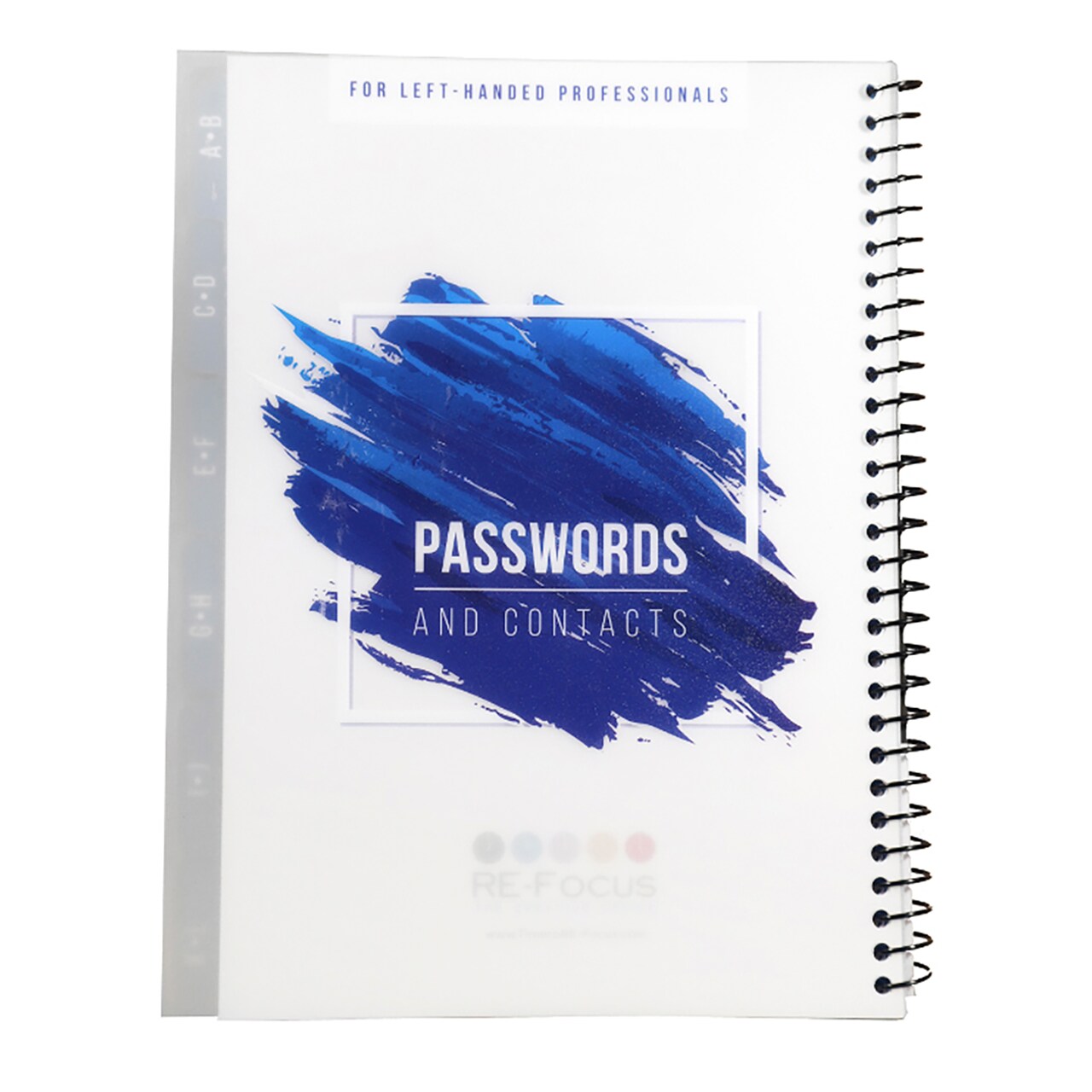RE-FOCUS THE CREATIVE OFFICE, Left-Handed Password Keeper Book, Spiral Bound with Alphabetical Tabs, Blue